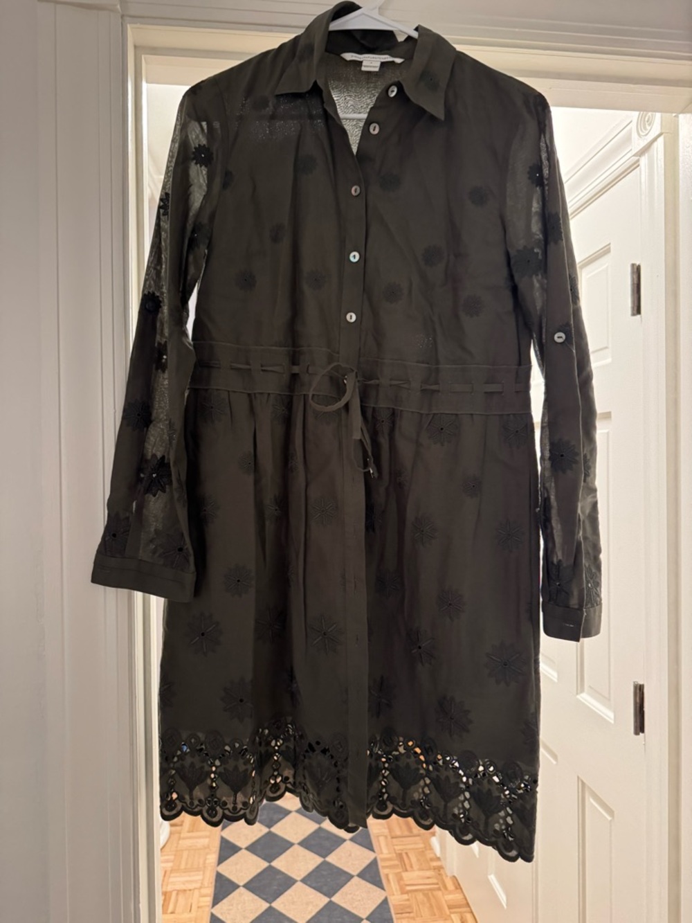 DVF Women’s Black Eyelet Shirtdress with Tie Waist